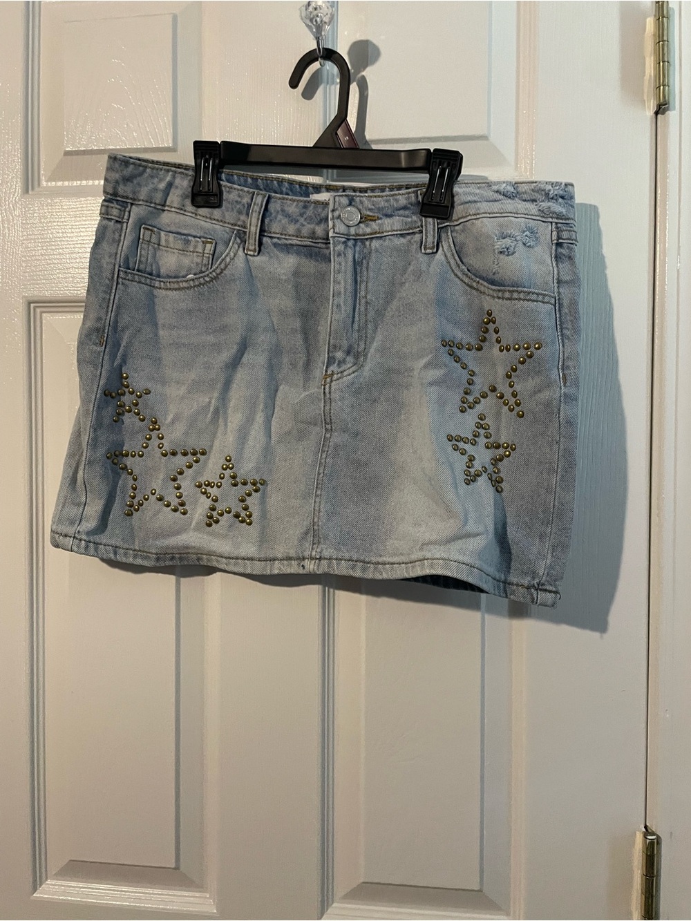 refuge Light Blue Denim Mini Skirt with Gold Stud Star Motif